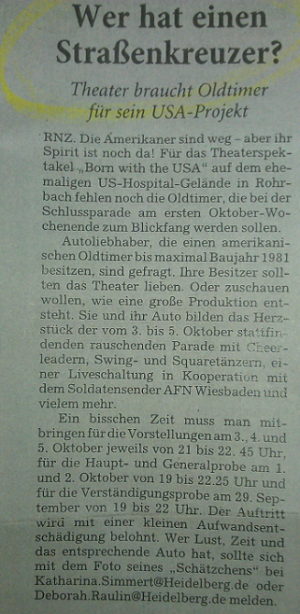 Theater benötigt amerikanische Oldtimer für USA-Projekt "Born with the USA".